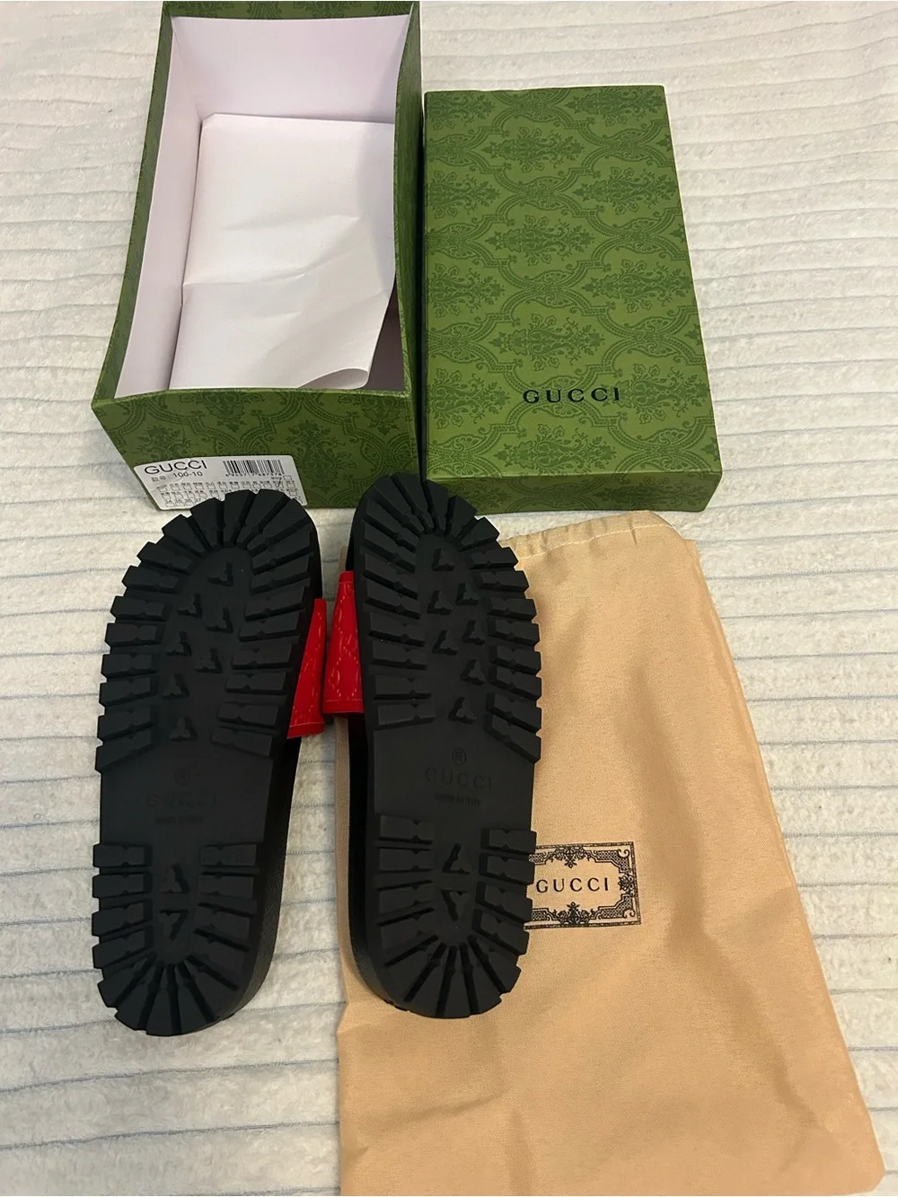 Gucci Red & Black Embossed GG Slide Sandals